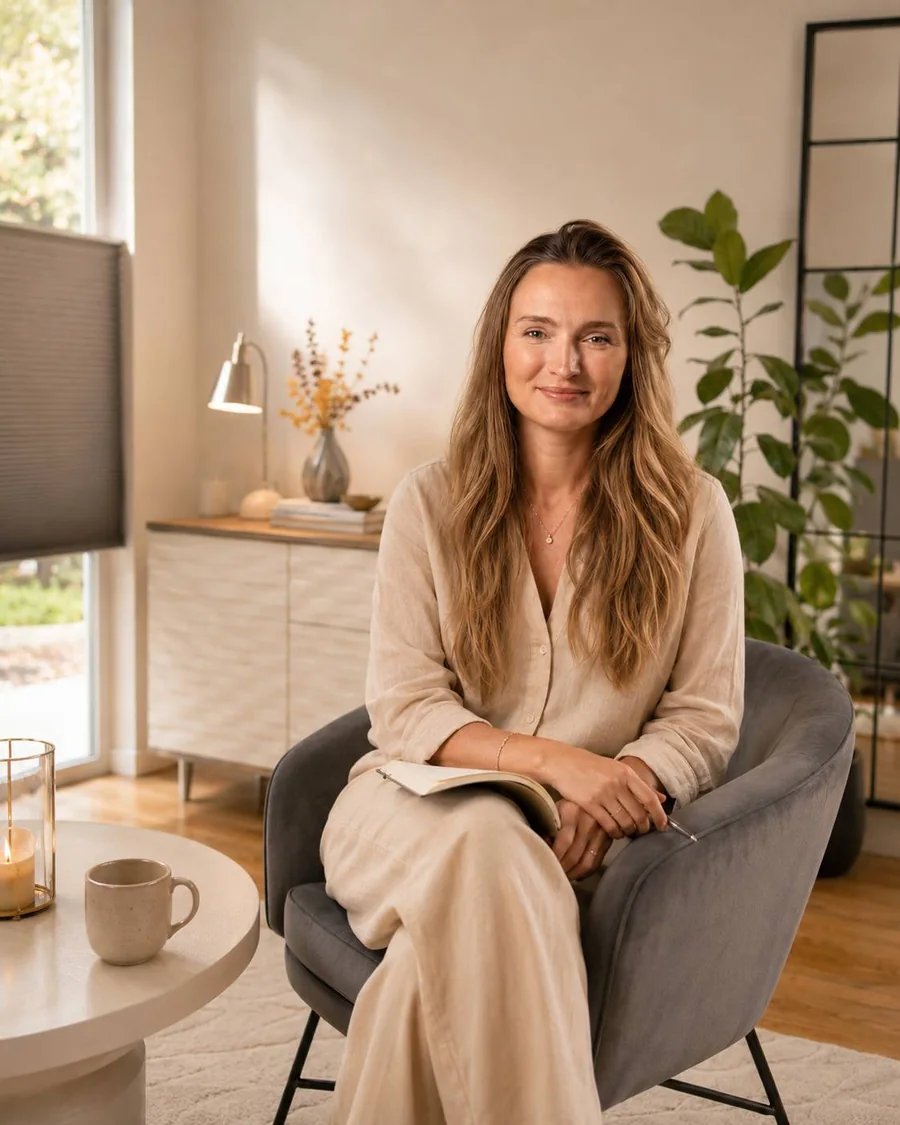Irma Nejstgaard siddende i en stol i et lyst og roligt samtalerum